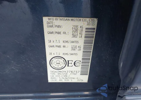 2015 Nissan Murano Platinum/S/Sl/Sv z USA, uszkodzony, nr VIN 5N1AZ2MH2FN276757